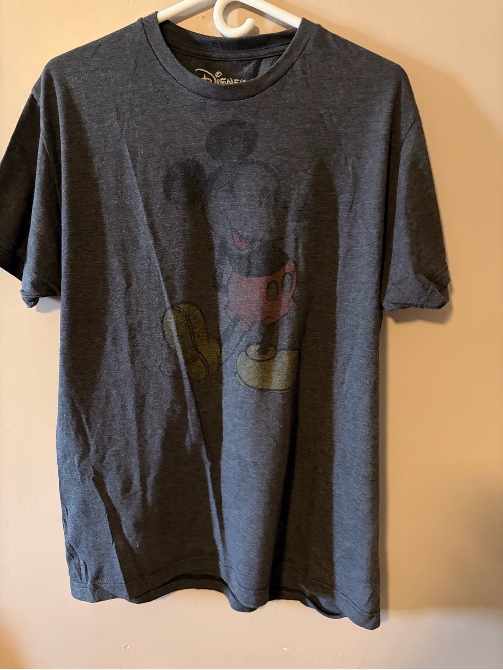 Disney Men's Dark Gray Mickey Mouse Graphic Tee with Red and Yellow Accents